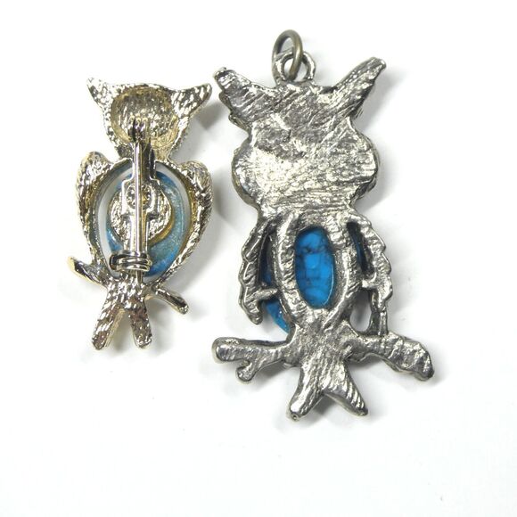 Owl Pendant & Brooch Vintage Turquoise Stone Jelly Belly 1970s Retro - Picture 4 of 5